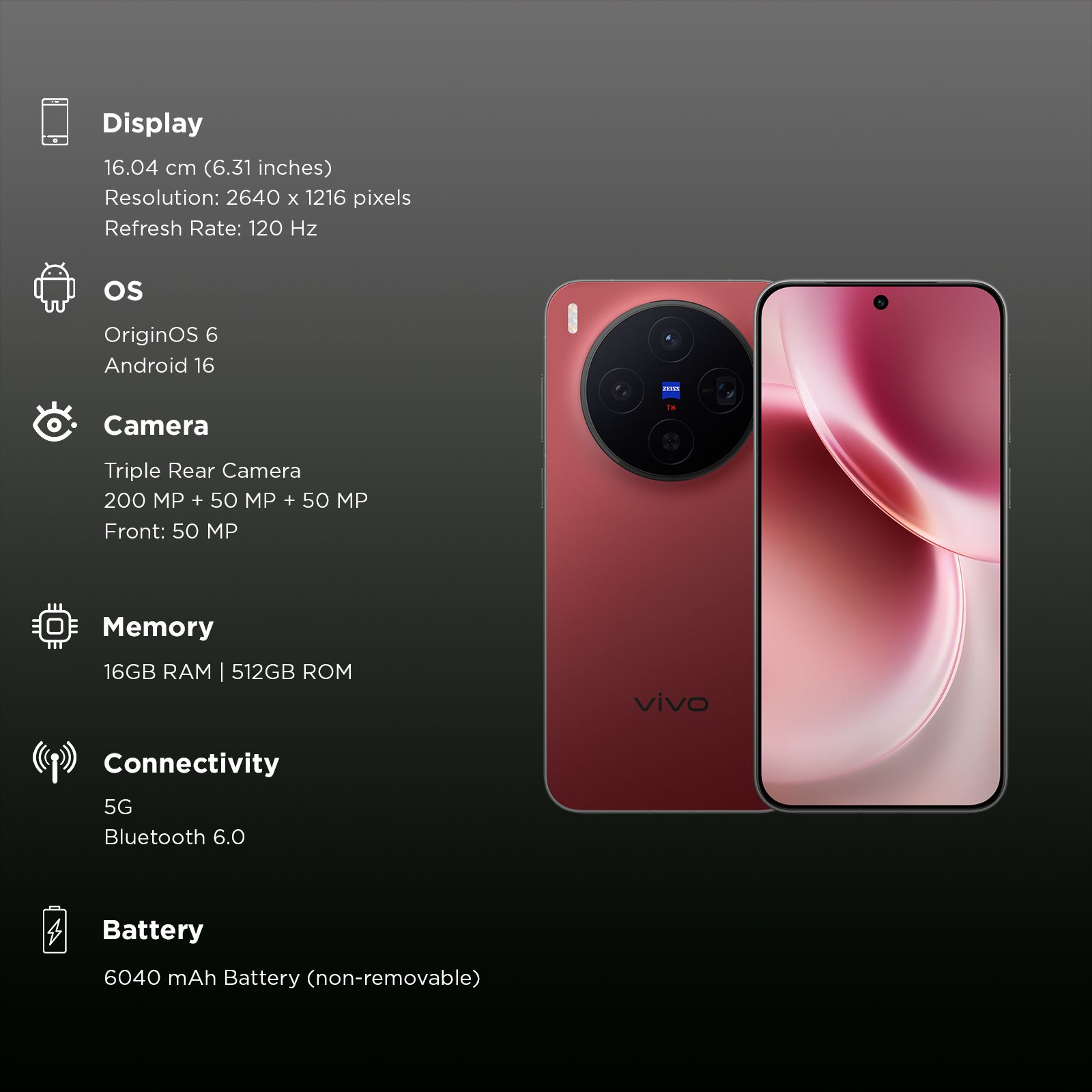 Buy vivo X300 5G (16GB RAM, 512GB, Summit Red) Online - Croma